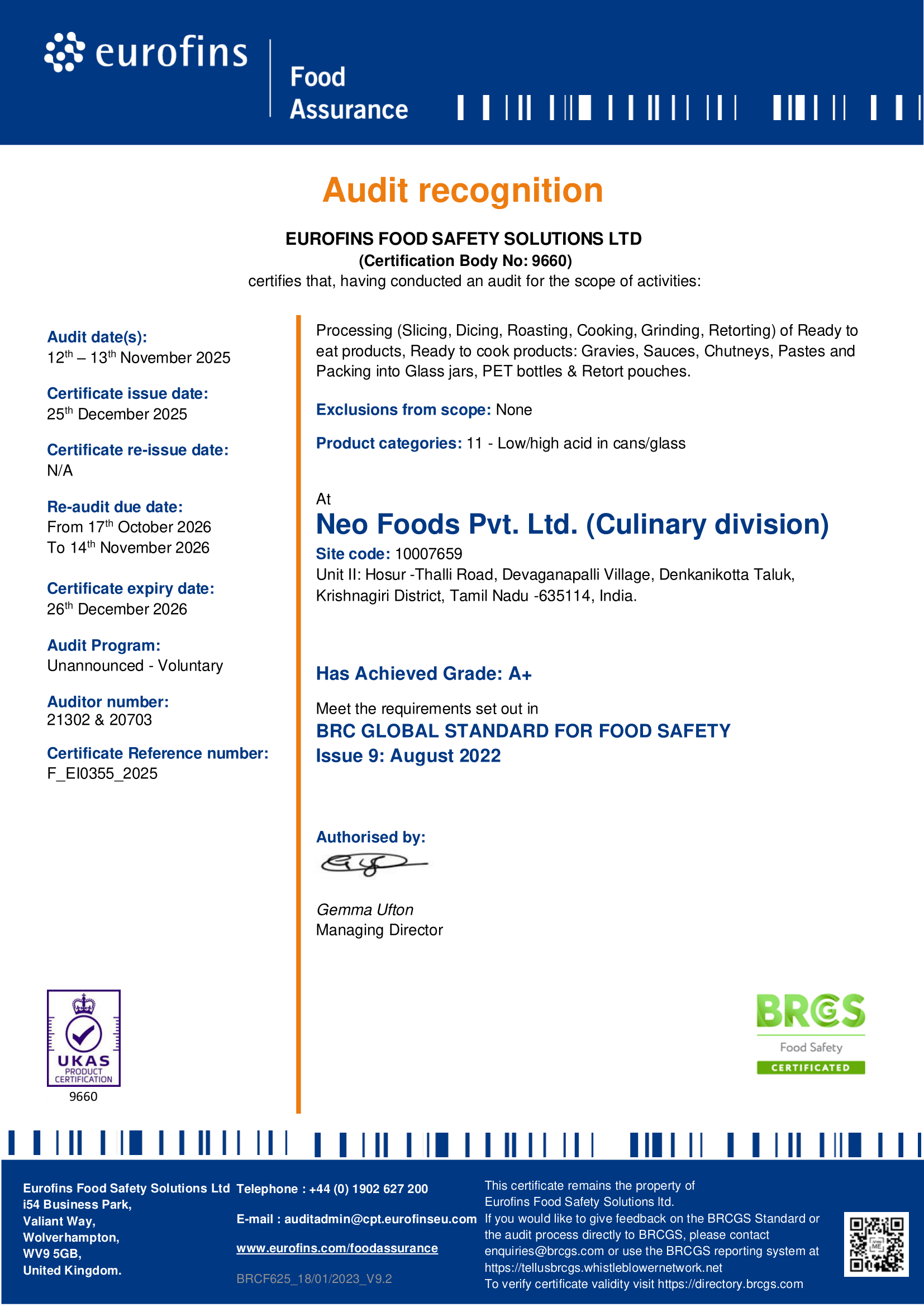 BRC Food Certificate
