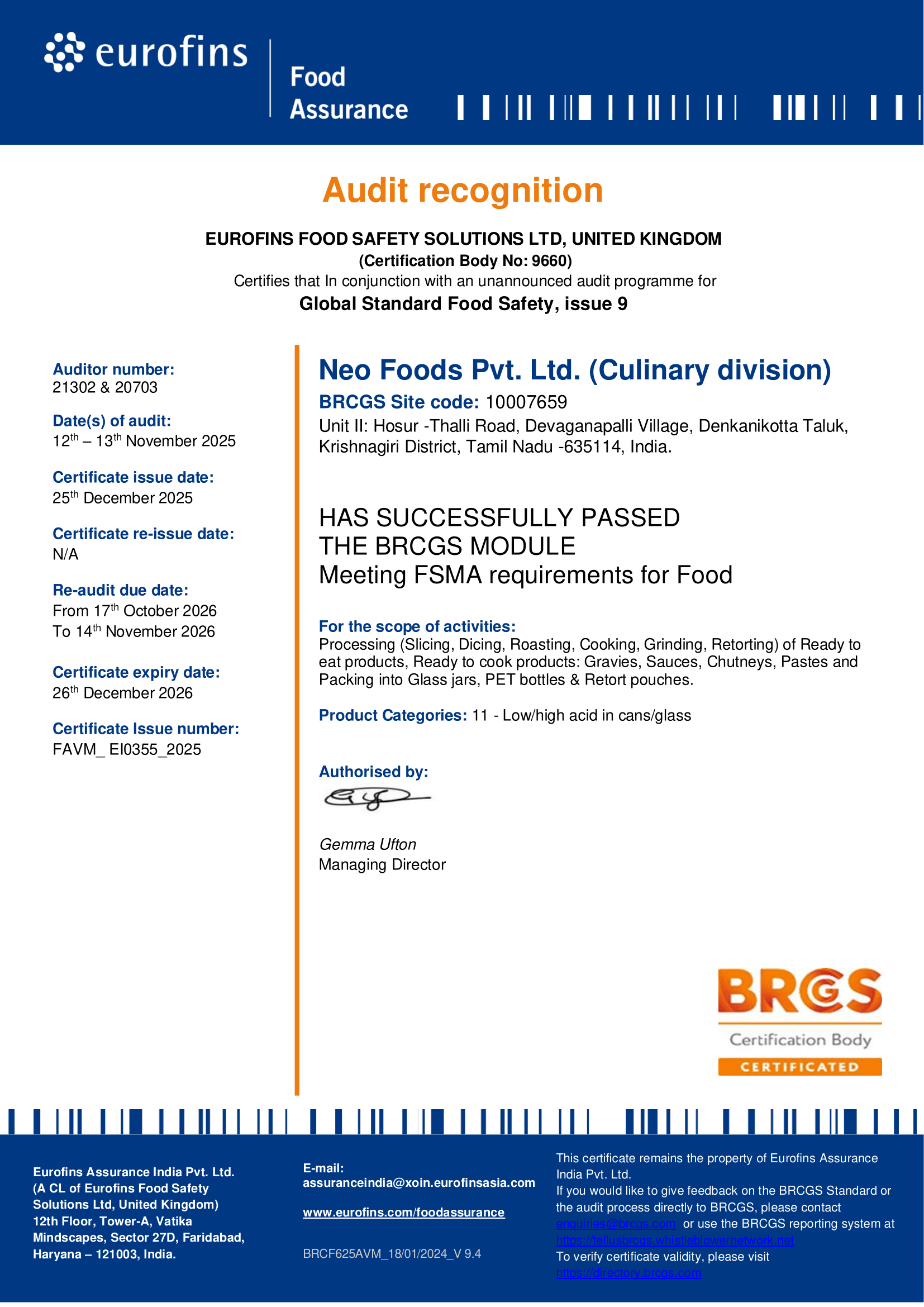 FSMA Certificate 2024